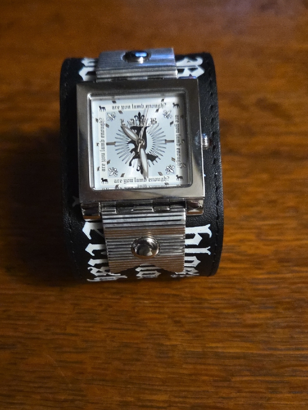 L.A.M.B. Black Leather Wide Cuff Watch with White Dial